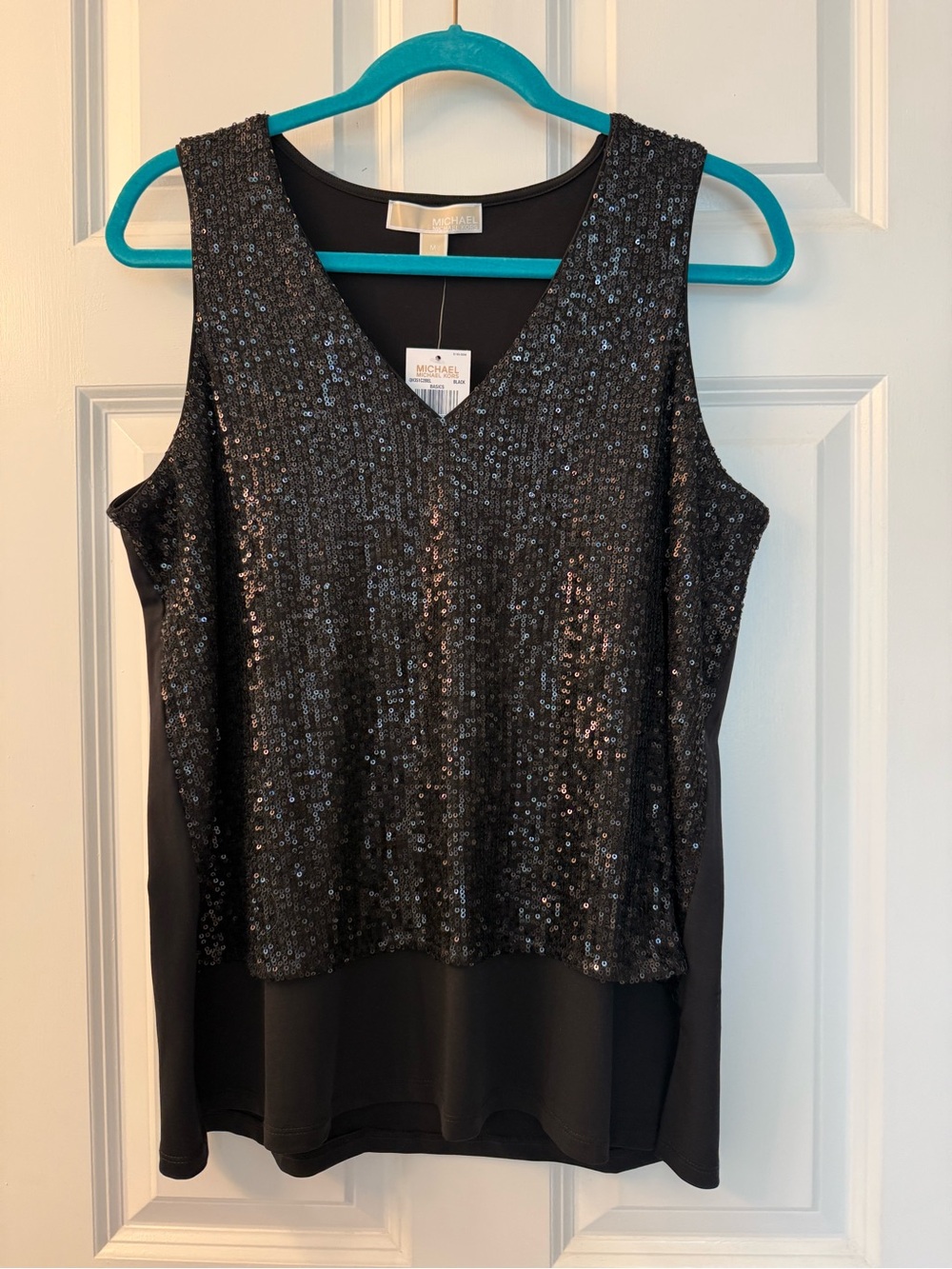 NWT MICHAEL Michael Kors Black Sequin V-Neck Layered Tank